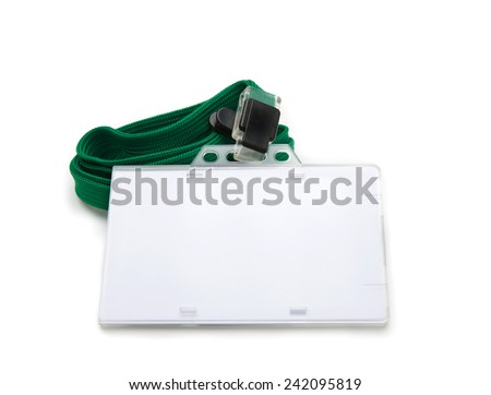 Blank ID or security card with green neck strap isolated on white. For adding your text of your choice.
