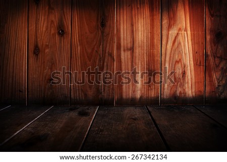 Wooden wall and floor abstract. Focus is on wall.