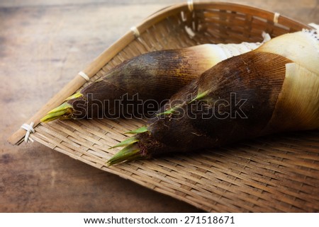 Fresh harvested bamboo shoot or bamboo sprouts with outer husk still intact, on bamboo tray. Shallow depth of field.
