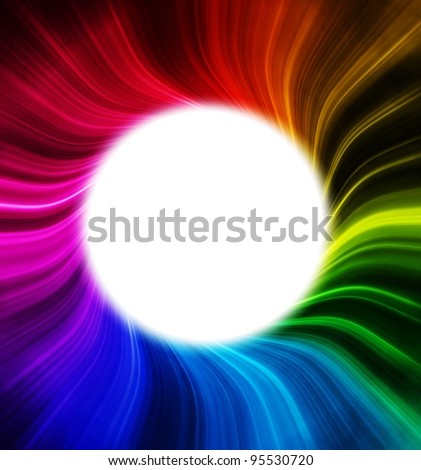 White hole like vortex with rainbow colored spectrum rays. Copyspace in center.