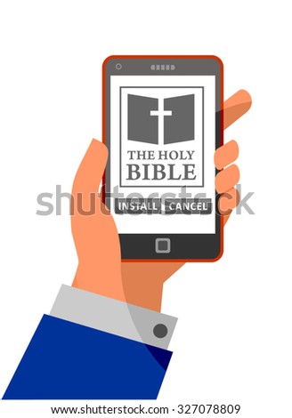 Install and cancel button illustration. Bible application about to install on smartphone. Installation process with install and cancel options. Making choices in life metaphor