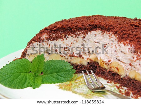 half on a mole cake, decorated with mint leaves, pastry fork, against mint colored background