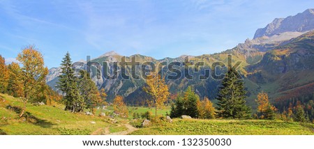 autumnal panoramic view to karwendel valley, austrian landscape