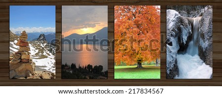 Collage - four seasons on wooden board background. spring in the mountains, sunset lake, autumnal oak tree, mountain brook with ice.