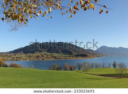 autumnal lake view tegernsee, branches with linden leaves