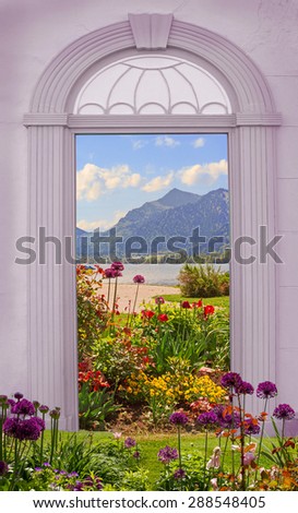 view through arched door, idyllic lake shore with flowerbed
