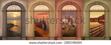 background design four seasons in soft browns, landscape view through vintage archways