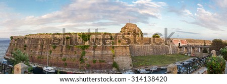 Panoramic view of old fortress walls of Kerkyra city, Corfu, Greece.