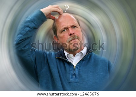 Decisions to be made vortex concept with Puzzled Man scratching head
