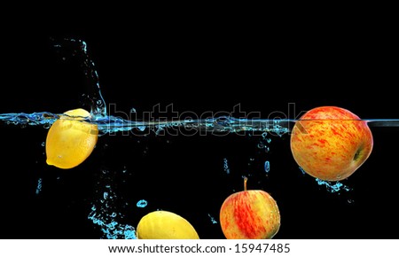 Best floats to the top concept with Fresh  Fruit dropped into Crystal clear Water which has been digitally enhanced for the dynamic iridescent effect  to emphasize movement, and reflection