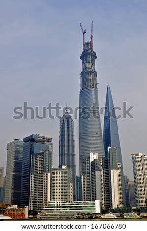 The Oriental pearl tower, Shanghai world financial center jinmao tower and the Shanghai skyline