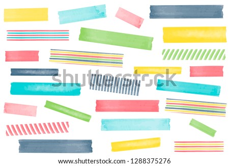 Collection of watercolor washi tape strips. EPS file has global colors for easy color changes and semitransparent tape strips.