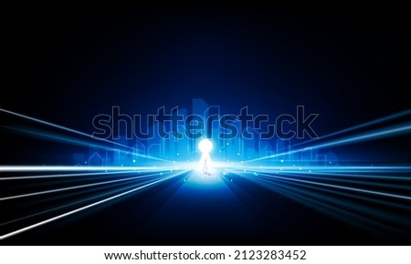 Abstract Businessman raise a trophy Businesspeople open Key Door Light out business city Hitech communication concept innovation background, vector design