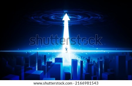 Abstract spaceship beam businessman arrow up door open Lightout business digital city Hitech communication concept innovation background, vector design