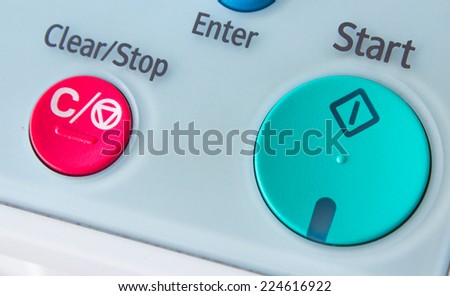 Office life, fax, copy machine, start button close up