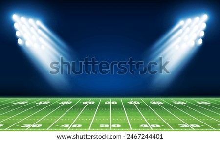 American football arena field with bright stadium lights design. Vector illumination