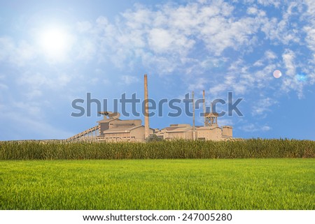 factory in rice field green grass blue sky cloud cloudy landscape background