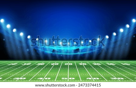 American football arena field with bright stadium lights design. Vector illumination