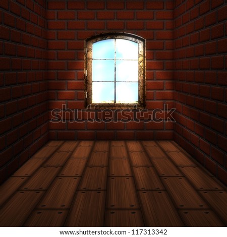 Illustration of old room with brick walls background..