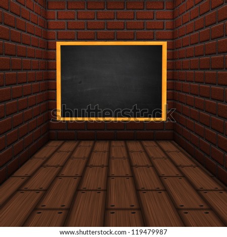 Illustration blank chalkboard hang on brick wall in room style