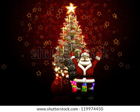 Illustration of Santa Claus with arms up against christmas tree.