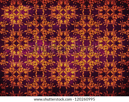 Illustration of yellow flower pattern on purple grunge texture background.