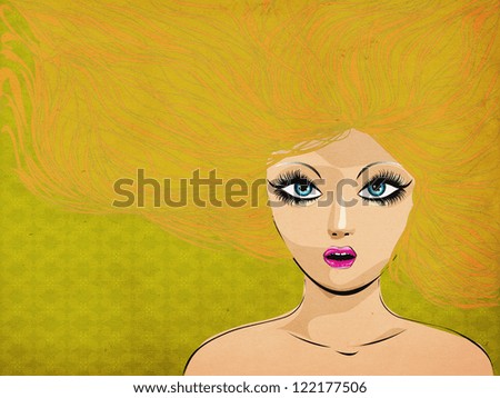 Illustration of a beautiful woman with blue eyes and yellow hair.