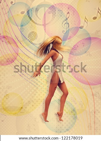 Illustration of pretty 3d woman dancing on a colorful vintage background.