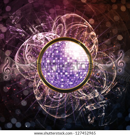 Illustration of abstract music poster with violet disco ball background.