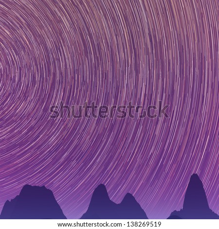 Abstract background with star trails in the night sky and rocks silhouettes.