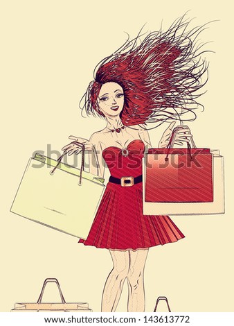 Cartoon woman in red dress with shopping bags in retro halftone style.