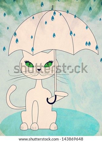 Cartoon Cat With Green Eyes Holding Umbrella On Blue Rainy Background ...