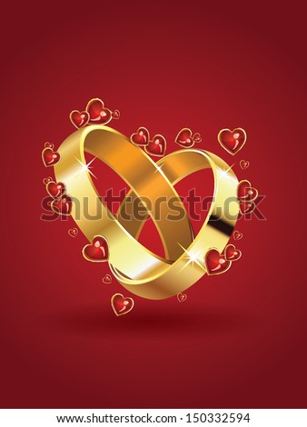 Two Wedding Rings In Heart Shape And Red Hearts Background. Stock ...