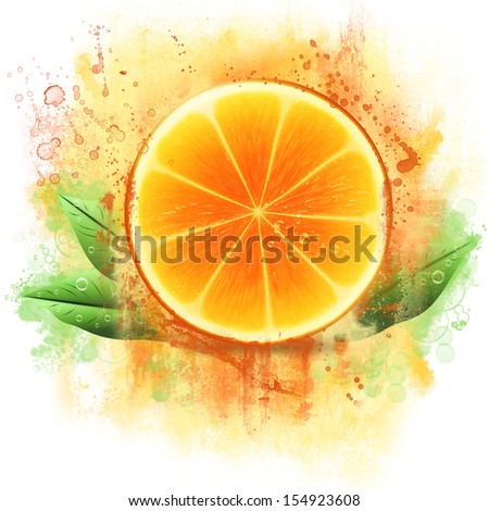 Fresh juicy half of orange with green leaves on grunge background.