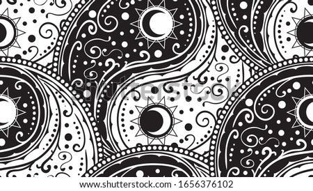 Circular ornament yin yang sign paisley design.