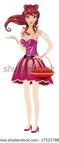 Beautiful girl in lovely Valentine\'s Day outfit with fashion handbag.