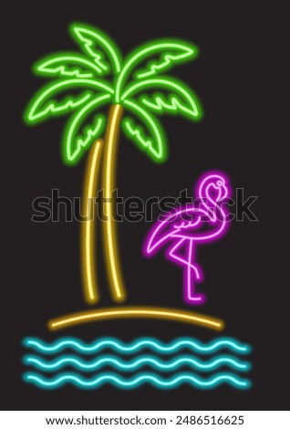 Abstract flamingo bird and palm tree, neon glowing illustration. Flamingo on the beach and palm tree. Minimalistic colorful neon glowing line design.