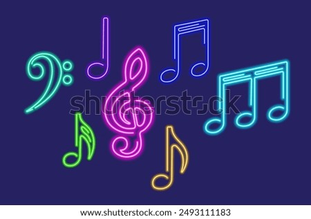 Neon glowing icon of colorful musical notes. Vector illustration of music note consisting of neon outlines. Music concept illustration for poster, flyer or banner design.