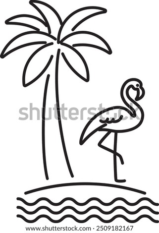 Abstract flamingo bird and palm tree, black outlined illustration. Flamingo on the beach and palm tree. Minimalistic thick line design.