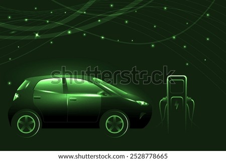 Green glow electric car silhouette, charging on the station. Green neon glowing EV vehicle filling up a battery. Modern hybrid car.