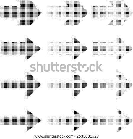 Set of arrows with square shaped halftone effect. Abstract arrow symbol created from squares, halftone effect. Graphic element for web design, digital art, collages.