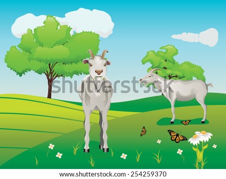 Summer landscape with curious goat, trees, river, flowers and butterflies.