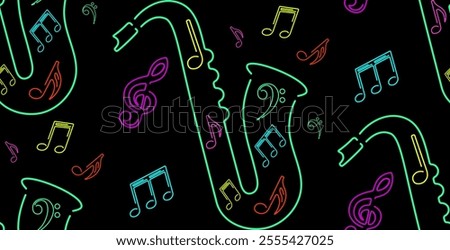 Neon color saxophone with music notes, seamless pattern. Perfect for jazz themed design, adding energy and musical vibes to your projects. Abstract saxophone, wind musical instrument.