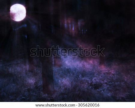 Dark mysterious foggy forest and full moon.