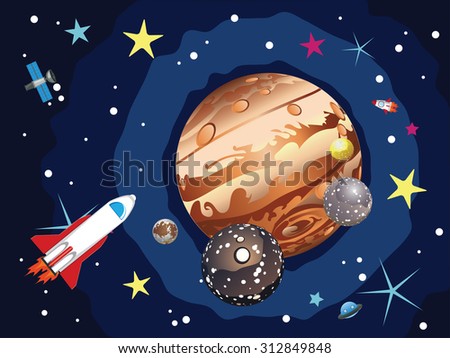 Cartoon planet Jupiter in the space with stars and shuttles.