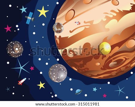 Cartoon planet Jupiter in the space with stars and shuttles.