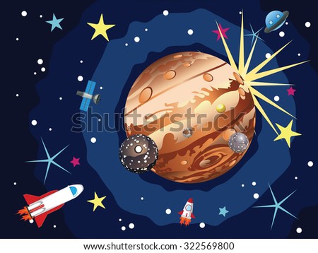 Cartoon planet Jupiter in the space with stars and shuttles.