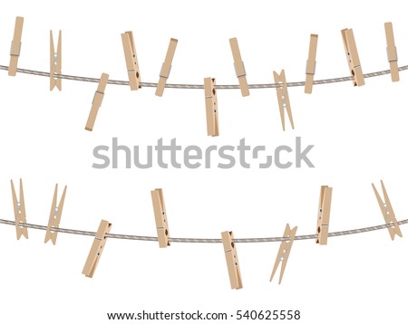 Collection of brown wooden clothespins, pegs illustration.