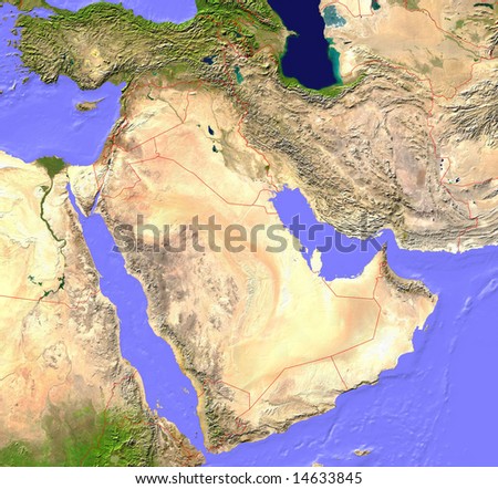 Middle East Satellite Map With Borderlines Stock Photo 14633845 ...