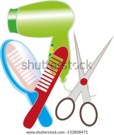 Vector Illustration Of Hair Dryer, Mirror, Scissors And Comb On White ...